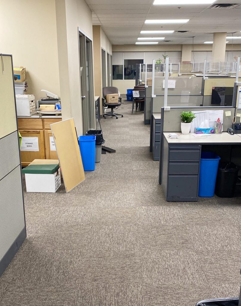 A commercial office with several cubicles that had commercial carpet recently installed by El Nino Carpet and Flooring