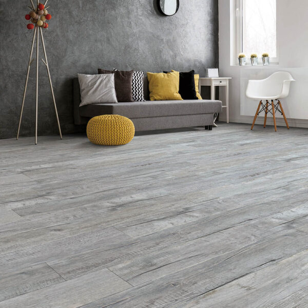 Next Floor Colorado Collection Grey Silver Rustic Oak vinyl flooring installed in a living room