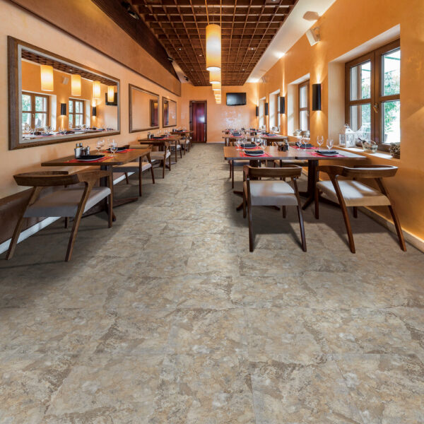 Next Floor Sacramento Tile collection Pizarra Arena 414-014 vinyl flooring installed in a restaurant