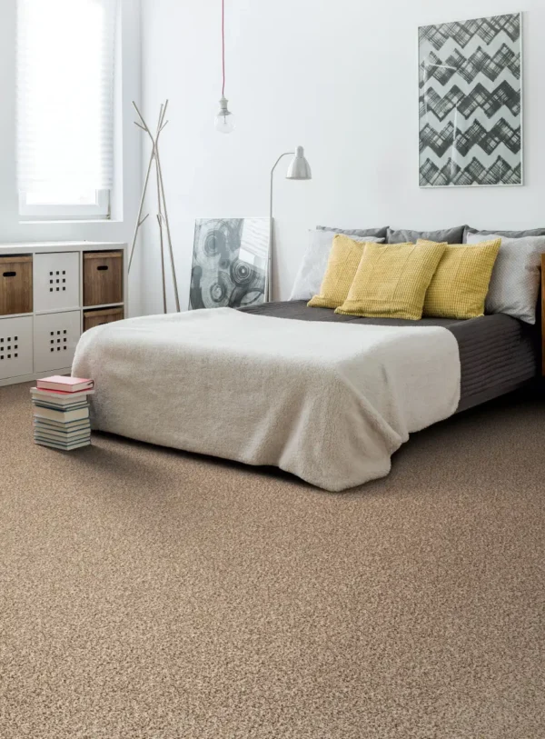DreamWeaver Jackson Hole I 7543 collection Pebble 637 carpet installed in a bedroom