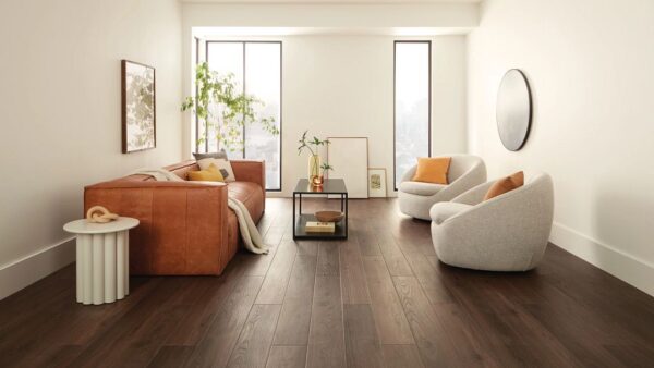 COREtec Floors VV735 collection Tyro Walnut 03018 vinyl plank flooring installed in a living room